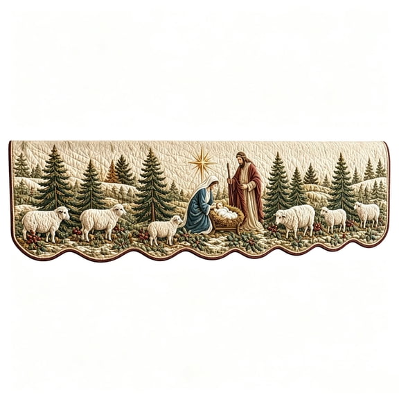 Christmas Fireplace Mantle Scarf,Quilted Fabric Nativity Scene Scalloped Edge for Home Fireplace Mantel Living Room 74.8 Inch