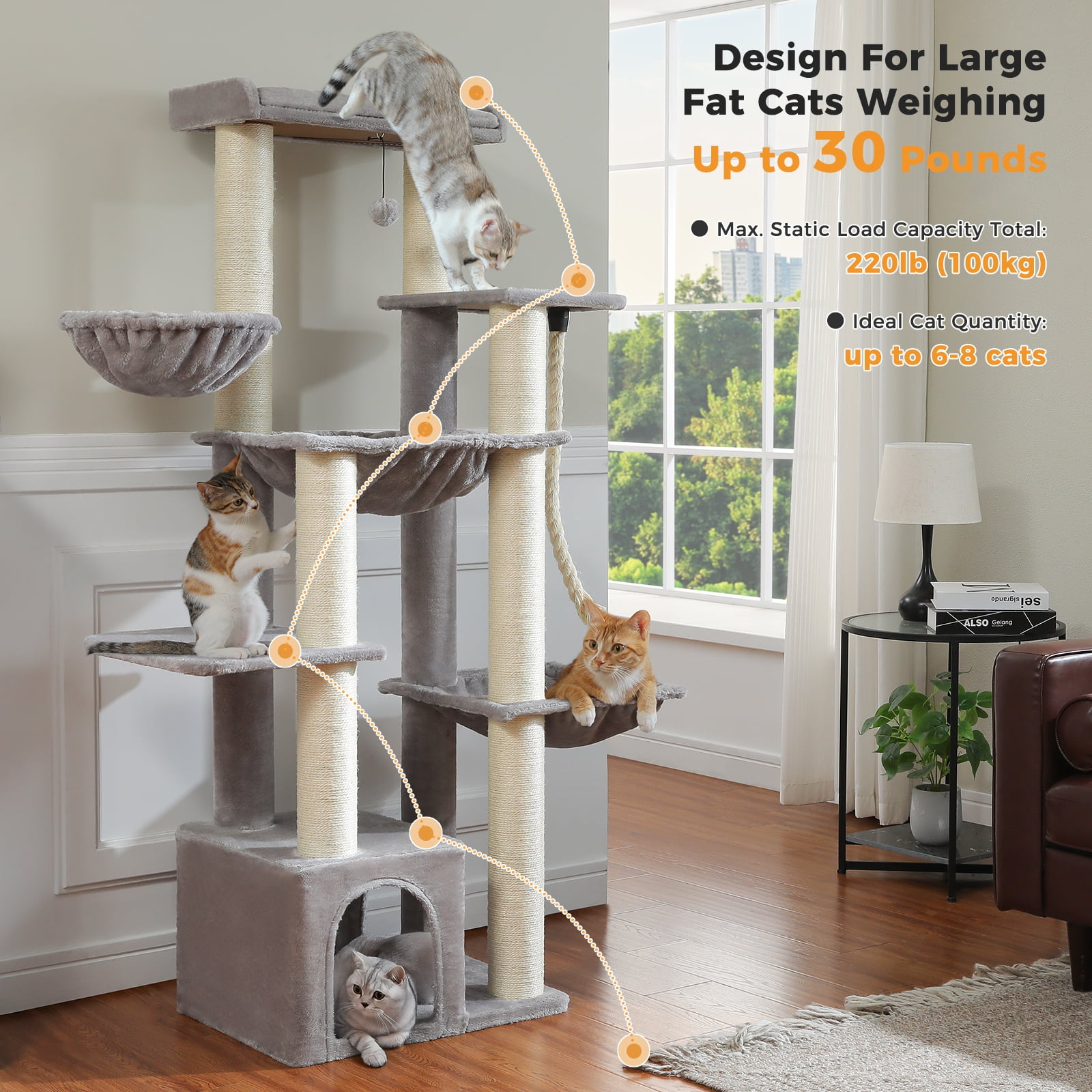 PEQULTI 67" Maine Coon Cat Tree Large Cat Tower for Indoor Cats with 8 Thick Scratching Post Gray