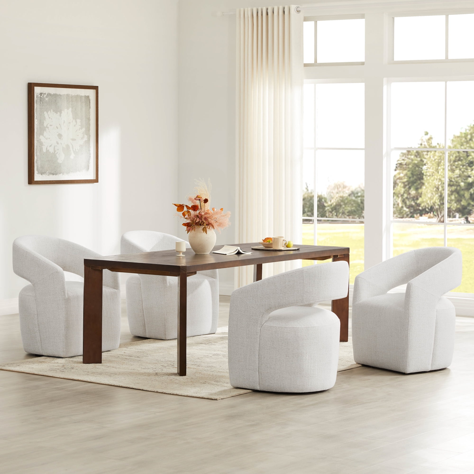 Spruce & Spring Barrel-Style Dining Chair with Upholstered Seat and Casters, No Assembly Required, Multi-colored Wheat Fabric