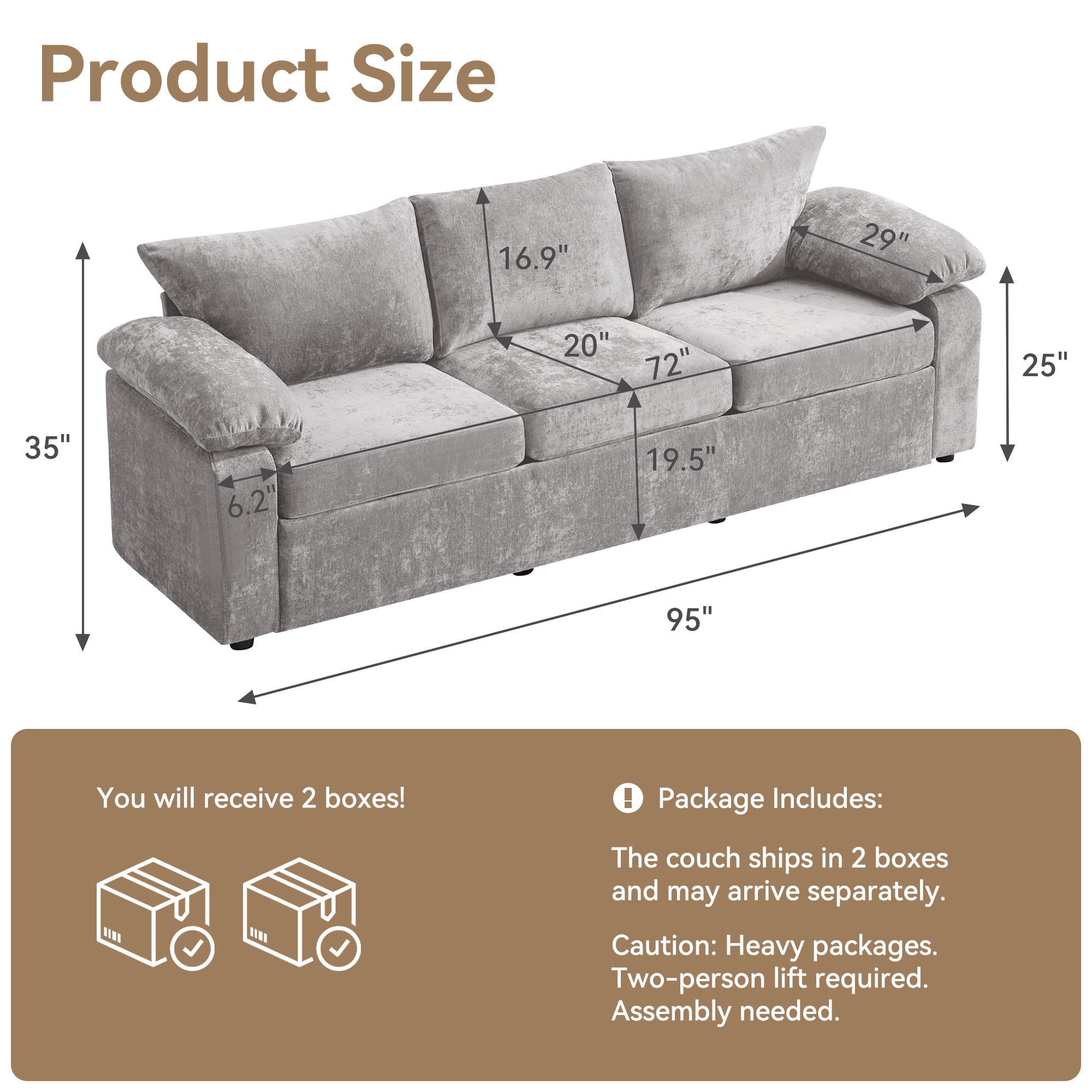 HASLE Oversized 3 Seat Living Room Sofa, 95" Soft Chenille Deep Seat Couch with Armrest, Hidden Support Legs, Stylish Sofa, Light Grey