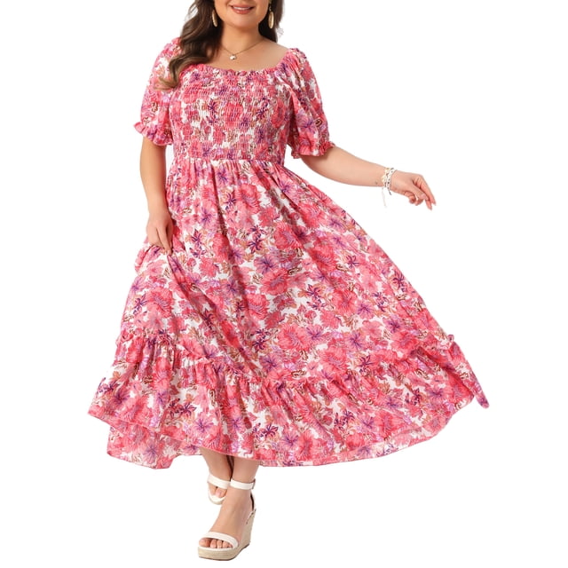GRACE & GRANDEUR Vestidos Maxi Florales Boho con Cuello Cuadrado y Mangas Cortas para Mujeres Talla Grande 2X Rosa Fucsia