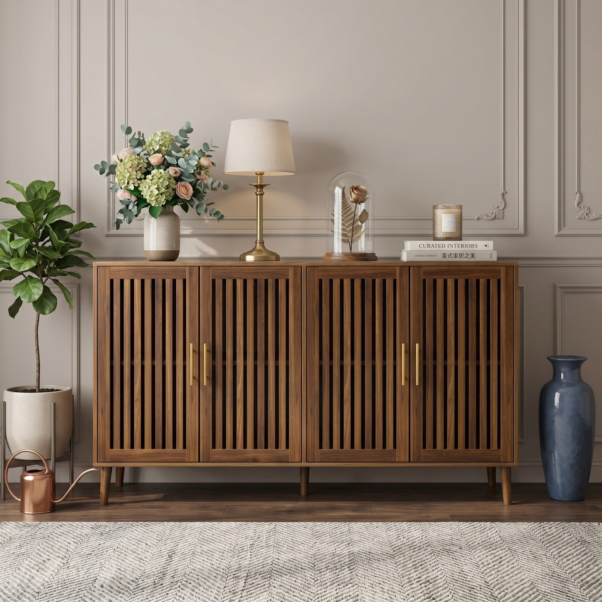 Sailvan 63" Walnut Sideboard Buffet Cabinet, Grille-Striped 4-Door Accent Cabinet
