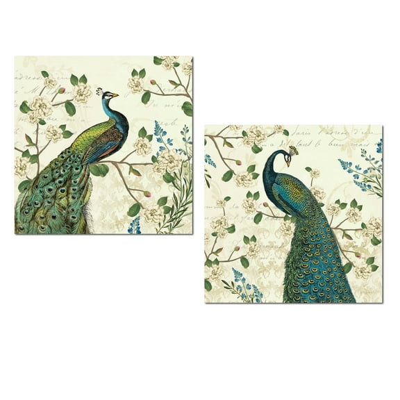 Gorgeous Green and Blue Peacock and Floral Set by Sue Schlabach; Two 12x12in Unframed Paper Posters