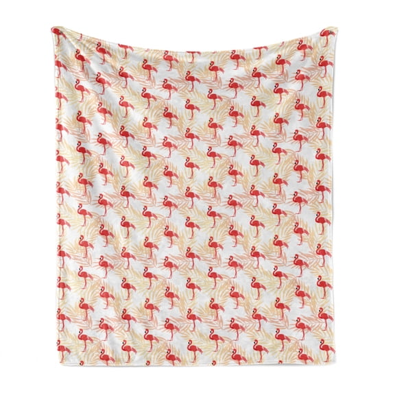 Flamingo Soft Flannel Fleece Throw Blanket, Exotic Birds on Palm Leaves Romantic Tropic Charm Branches Celebration, Cozy Plush for Indoor and Outdoor Use, 60" x 80", Scarlet Peach White, by Ambesonne
