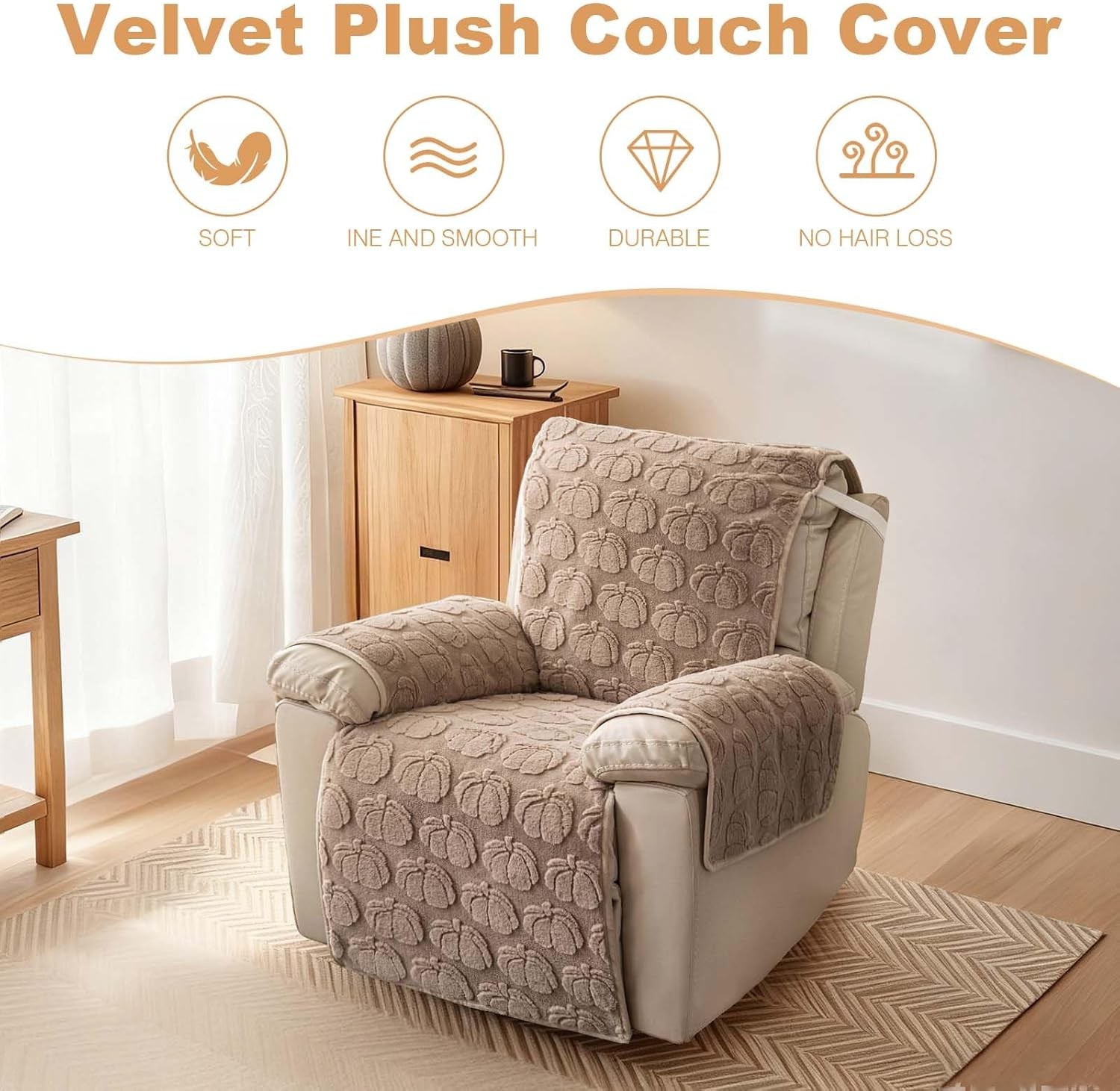 TOPCHANCES Plush Recliner Chair Cover, Faux Rabbit Fur 1-Seater Sofa Cover, Washable Armchair Protector with Adjustable Elastic Belt for 23 Inches Recliner (Khaki)