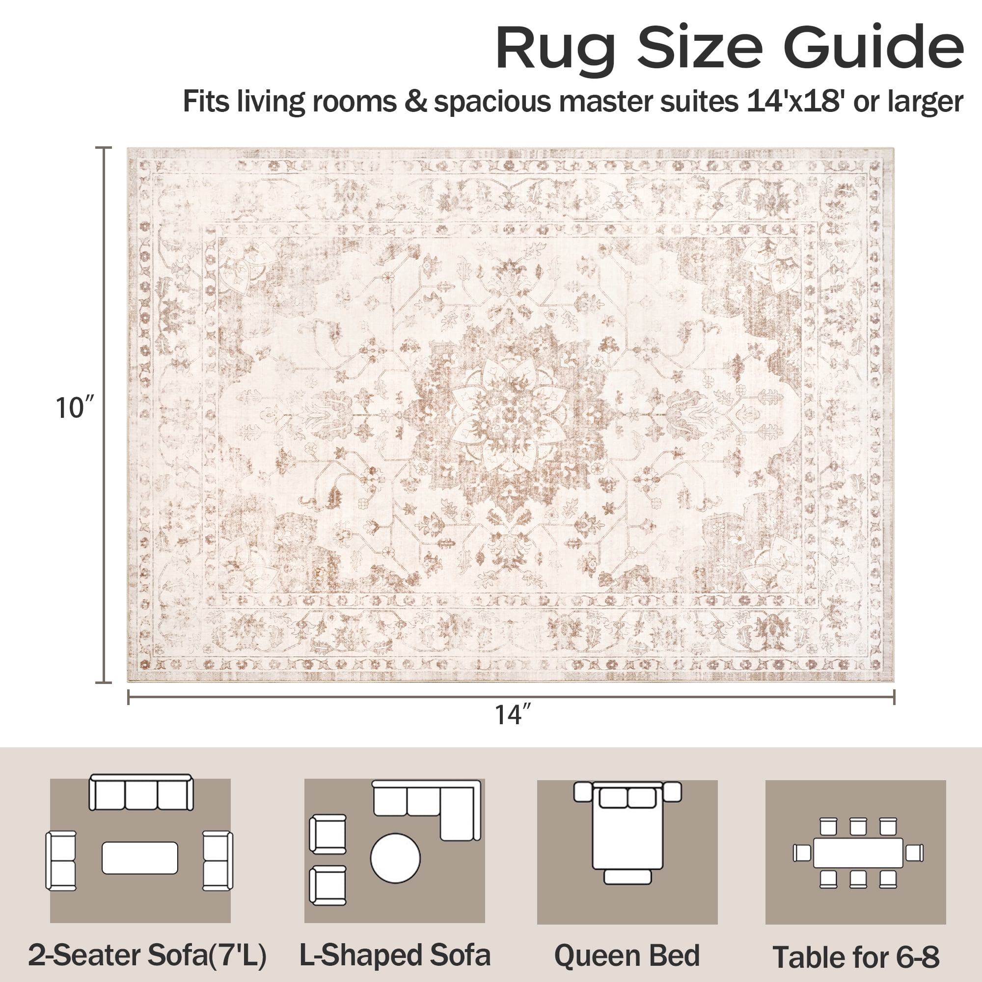 TrumanPick 10x14 Washable Rug, Vintage Distressed Medallion Rugs with Non-Slip & Stain Resistant, Large Beige Area Rug for Living Room Bedroom Dining Room