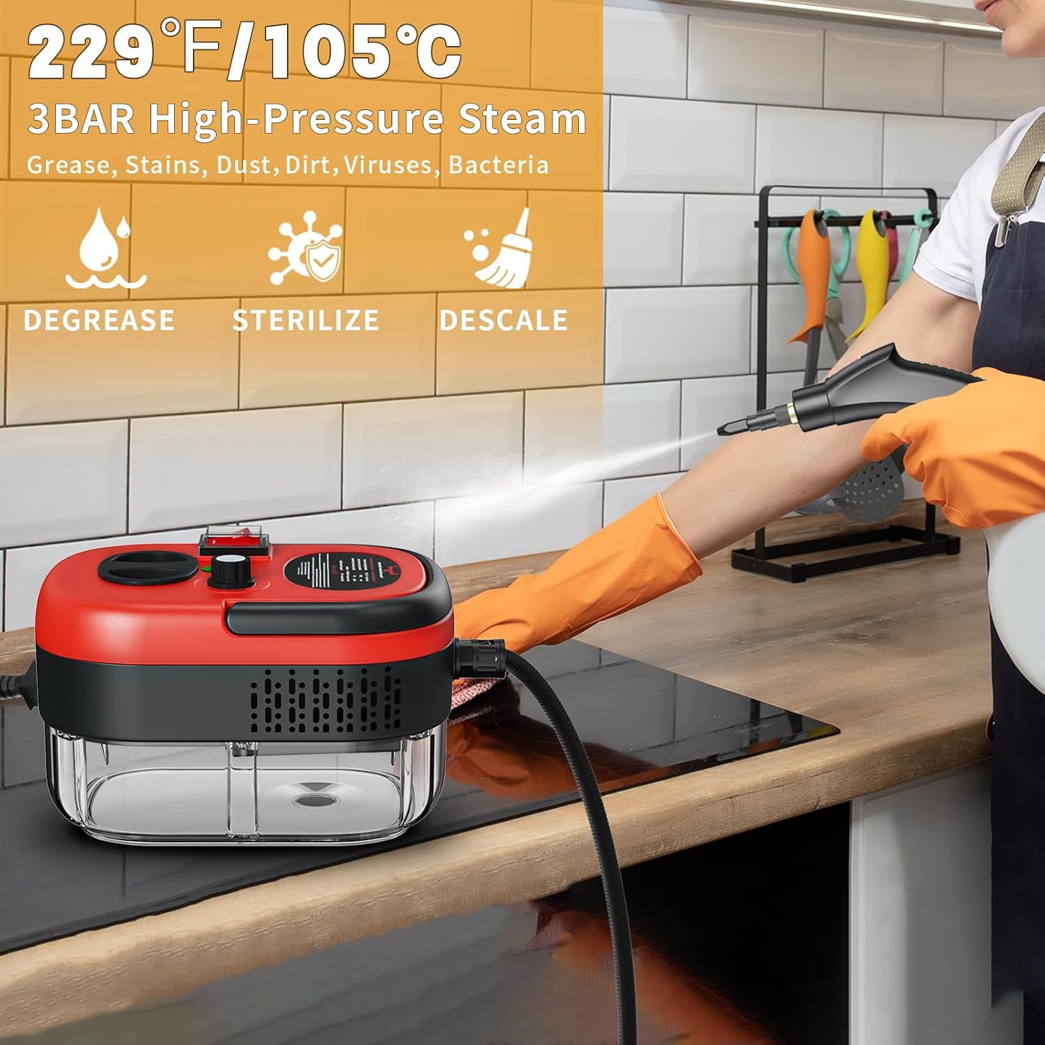 2500W Portable High Temperature Steam Cleaner, Handheld Steamer with Brush Heads for Car Detailing, Couch, Windows, Kitchen, Bathroom, Grout & Tile Cleaning(Red)