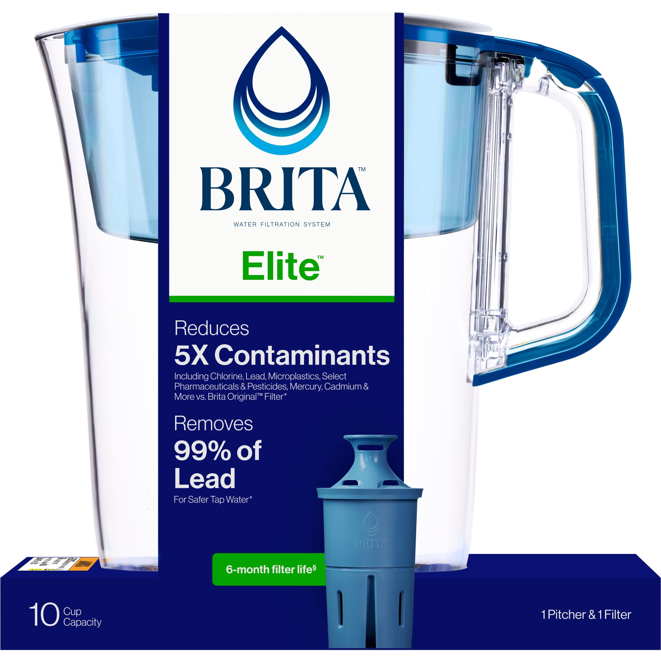 Brita 10 Cup Large Plastic Water Filter Pitcher, Blue, BPA Free with 1 Elite Brita Filter