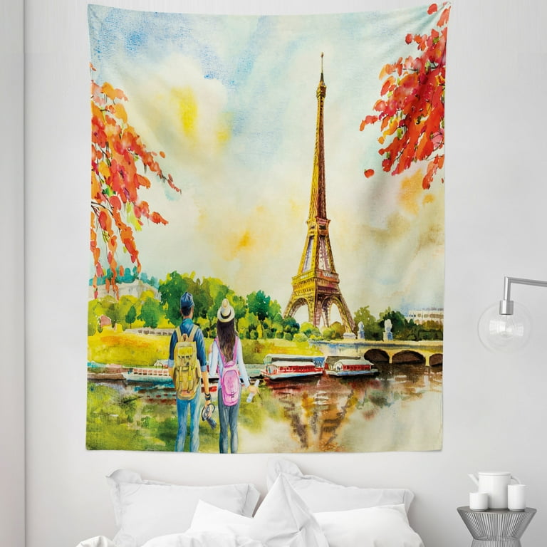 Travel Tapestry Illustration of a Couple Watching the Eiffel Tower in Paris Touristic Spots Fabric Wall Hanging Decor for Bedroom Living Room Dorm 5 Sizes Multicolor by Ambesonne Walmart