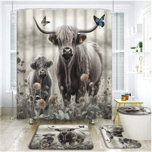 4 Piece Rustic Highland Cow Butterfly Shower Curtain Sets with Rugs, Toilet Lid Cover, Vintage Grey Highland Cows with Butterflies Wildflower Farmhouse Animal Decor Bathroom Shower Curtain with Hook