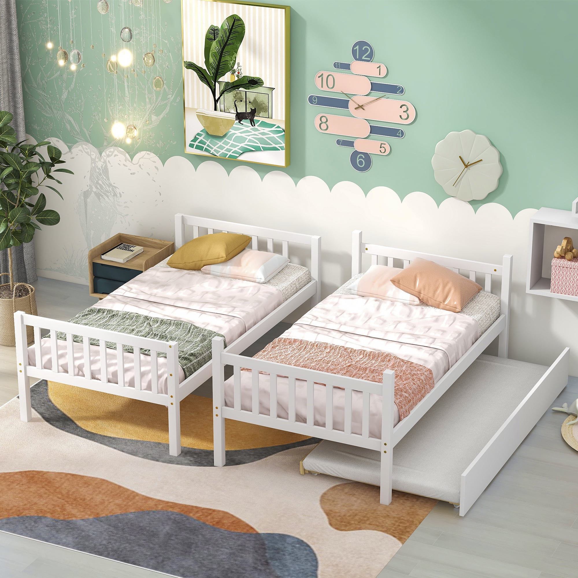 Resenkos Twin Over Twin Bunk Beds with Trundle, Solid Wood Trundle Bed Frame with Safety Rail and Ladder,White Resenkos Twin Over Twin Bunk Beds with Trundle, Solid Wood Trundle Bed Frame with Safety Rail and Ladder,White