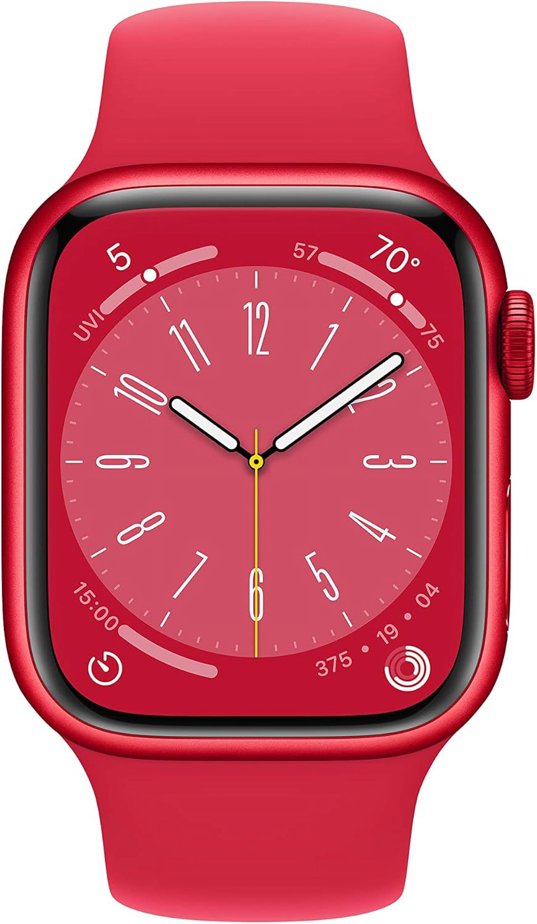 Restored Apple Watch Series 8 (GPS, 41 mm) Red Aluminum Case with Red Sport Band Bundle 5 Bonus Bands, Charging Stand, Screen Protector, & 2 amp charger (Refurbished)