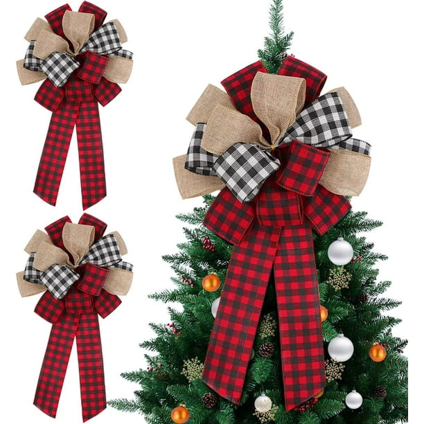 2 Pack Large Christmas Bows Wreath Decoration,Buffalo Plaid Xmas Tree  Topper Ornament,Red Xmas Decorative Bow Garland ,20 in x1Ndeno 