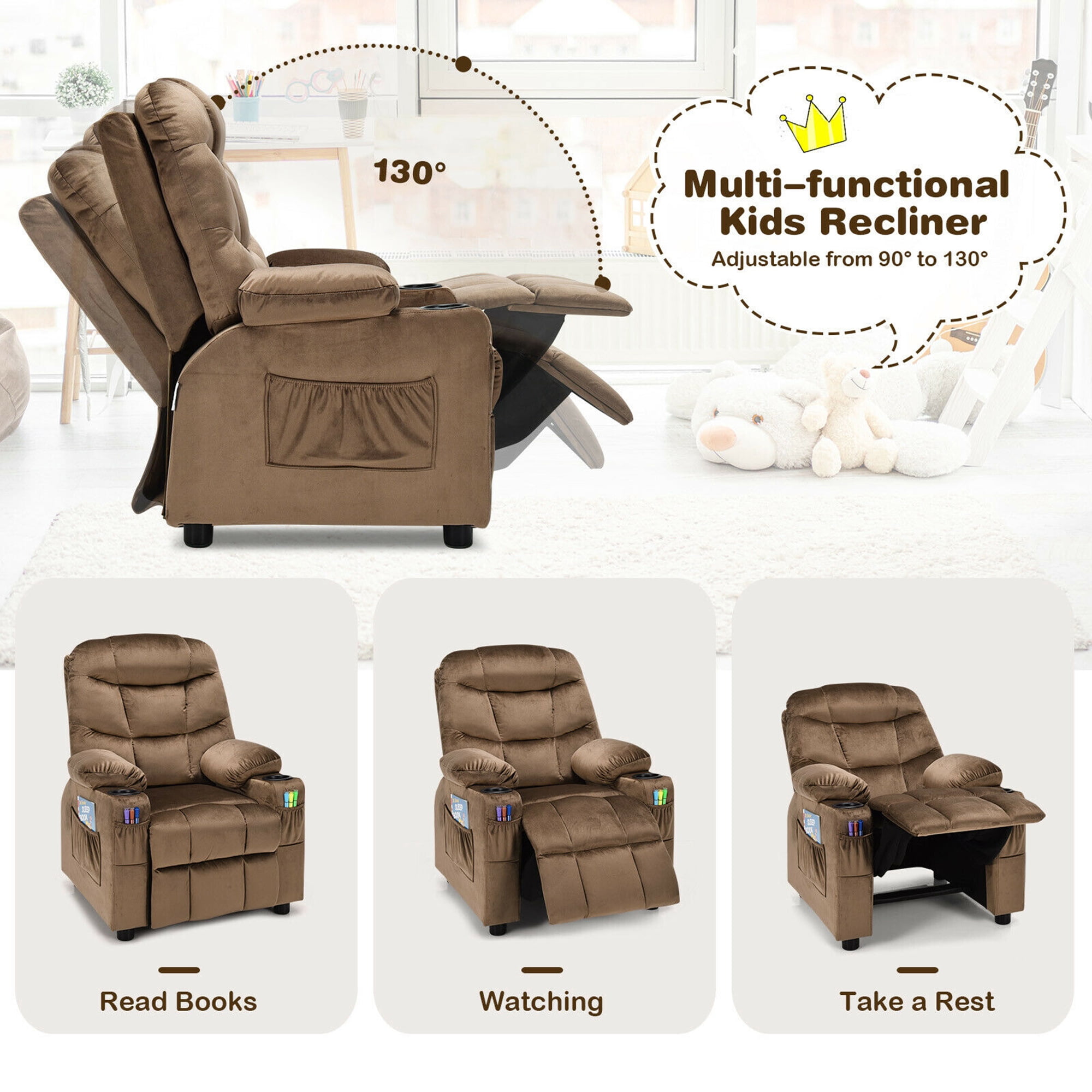 Gymax Kids Youth Recliner Chair Velvet Fabric w/Cup Holder & Side Pocket Brown