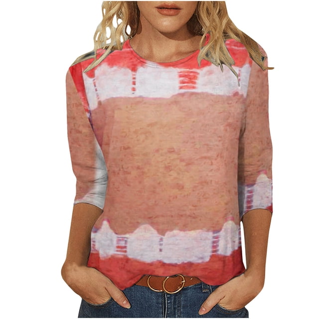 Camisas Para Mujer Camiseta de Moda Estampado de Longitud Media Blusa de Manga 3/4 Cuello Redondo Tops Casuales Odeerbi ODB123643
