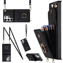 for Samsung Galaxy S22 Ultra Wallet Case with Magnetic RFID Blocking Rotated Ring Holder Kickstand Cover, PU Leather Crossbody Shoulder Strap Lanyard Case with Card Slot Bag Kickstand Case,Black