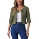thumbnail image 1 of CHAQUETA DE JEAN CORTA SIN CUELLO DE MANGA 3/4 PARA MUJER INSPIRADA EN CHIC COLOR VERDE OLIVA TALLA S, 1 of 6
