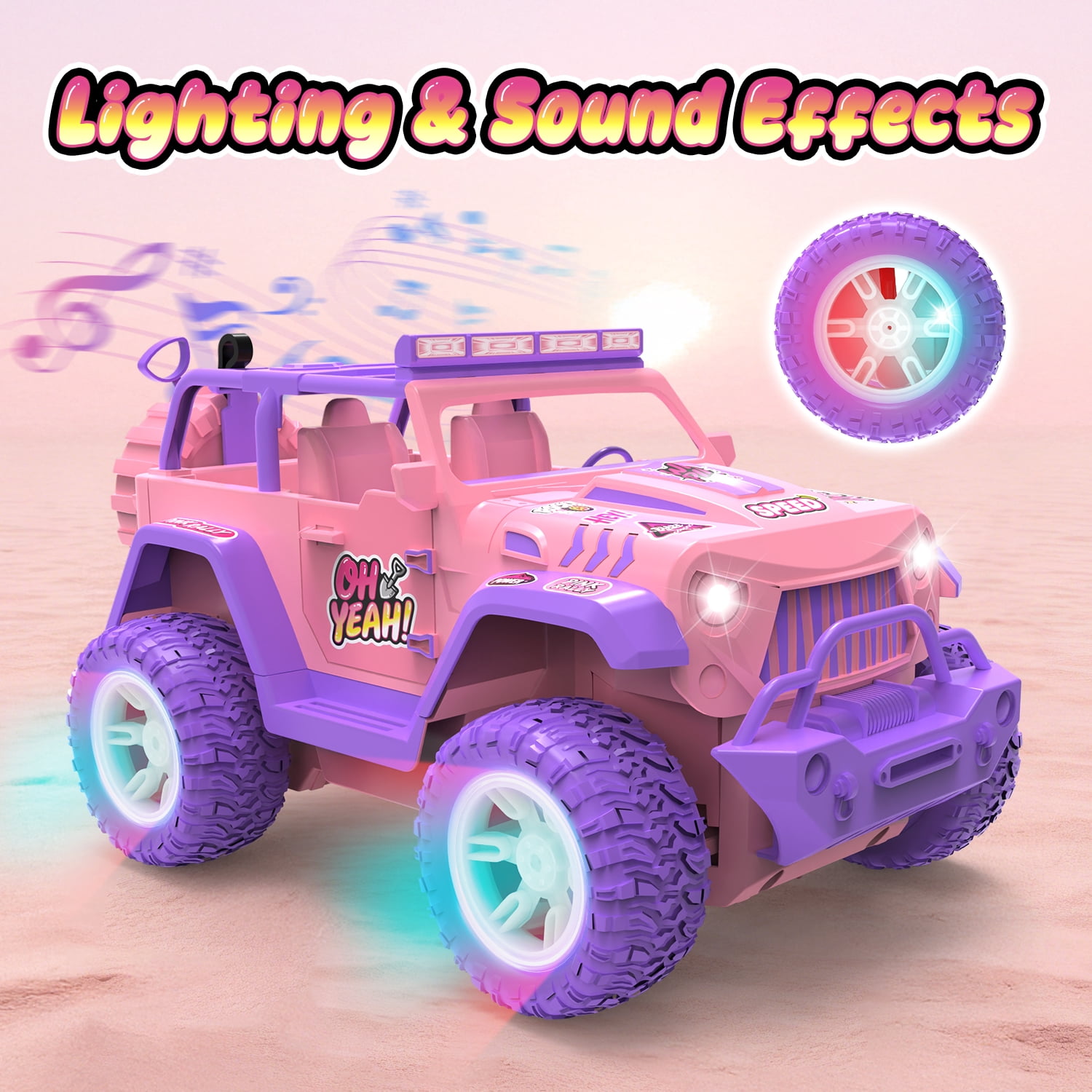 JoyStone Pink RC Cars for Girls, 2.4GHz Remote Control Truck with LED Lights, Spray & Sound Effects, DIY Stickers, Toy Cars Gift for Kids 3+
