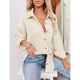 thumbnail image 3 of Womens Corduroy Loose Shirt Button Down Oversized Patchwork Blouses Jacket White and Grey XL, 3 of 9