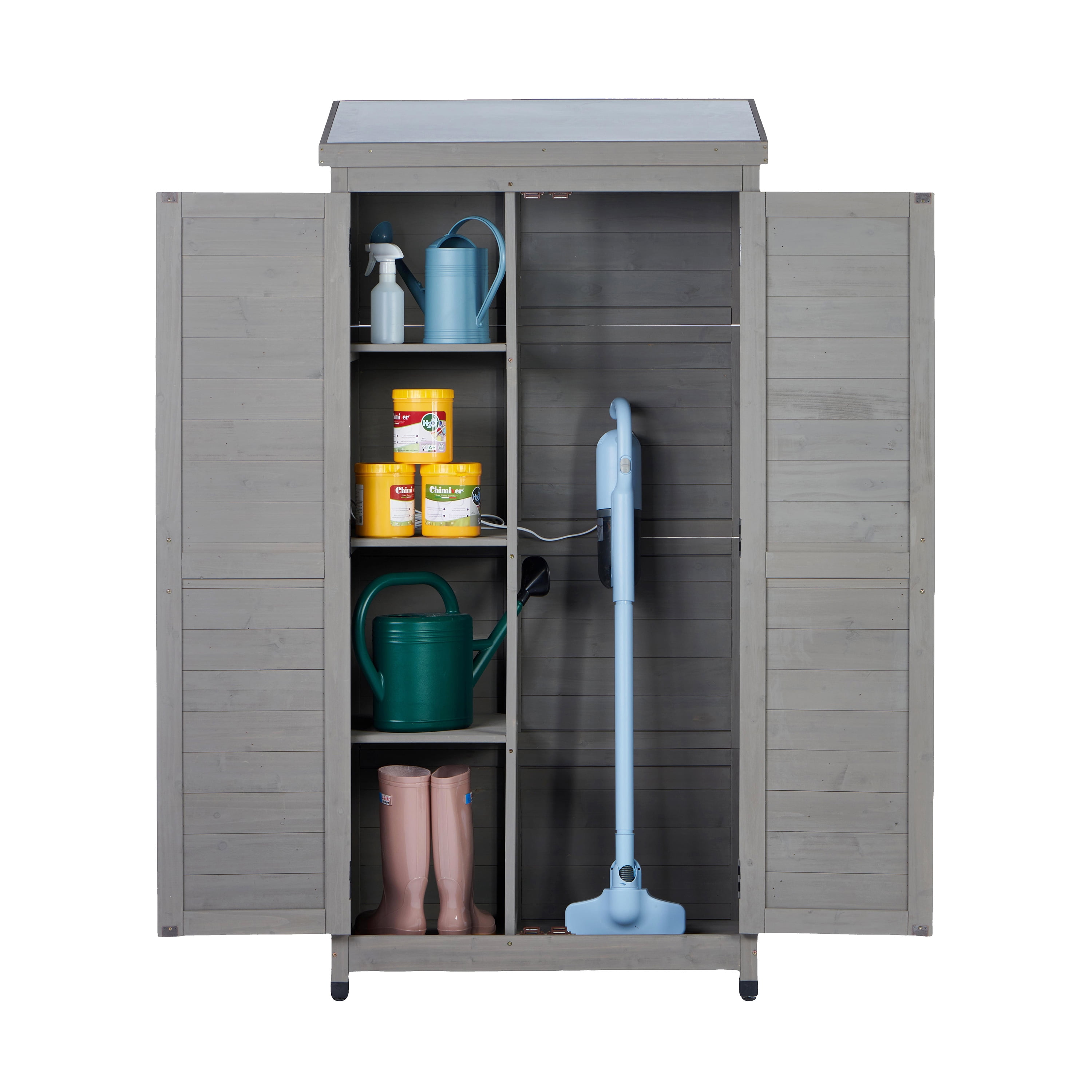 Outdoor Wooden Storage Shed, Metal Top Tall Vertical Tool Cabinet for Backyard Garden Patio Lawn Utility Storage, Grey