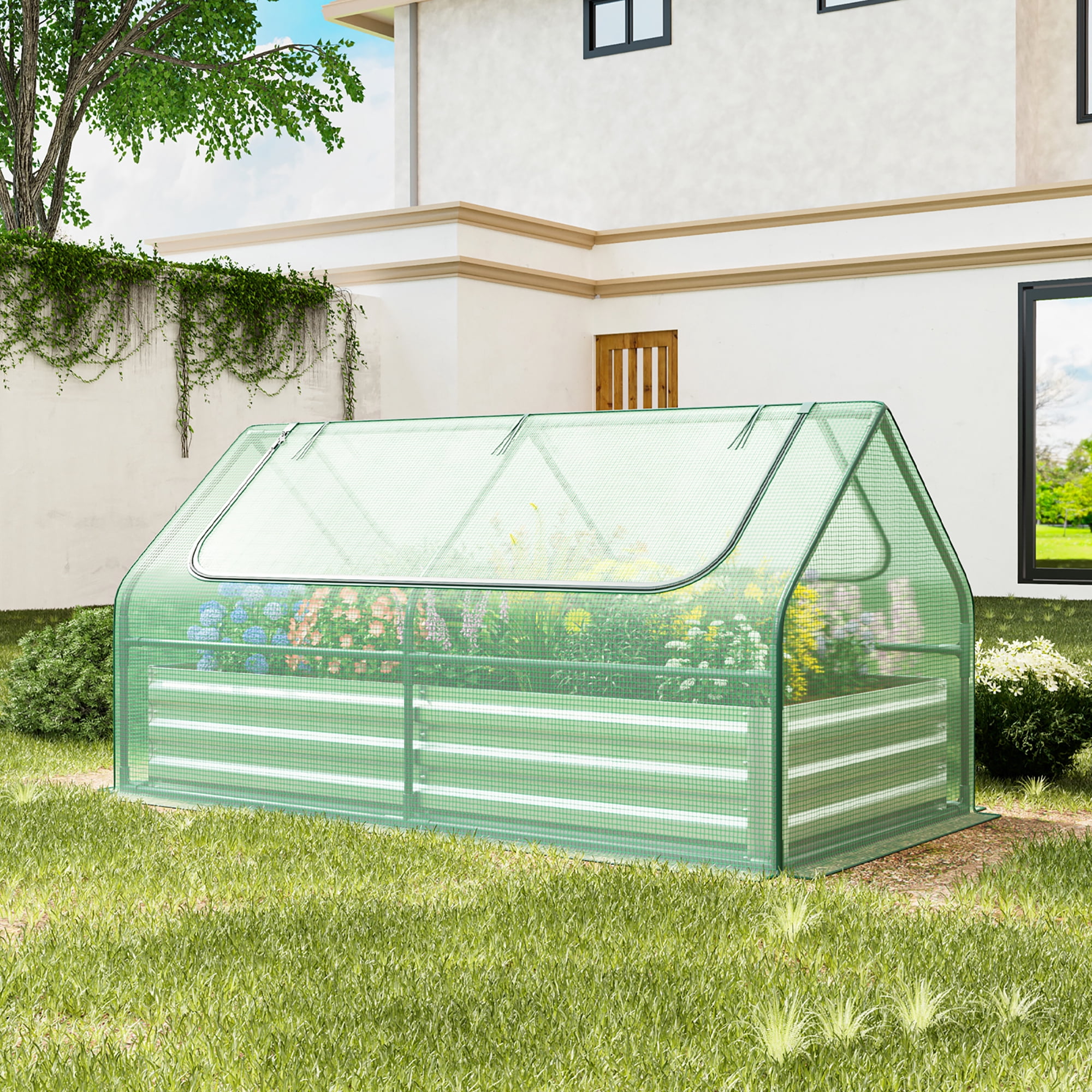 Gymax Galvanized Steel Raised Garden Bed Metal Planter Box Kit w/ Mini Greenhouse Cover