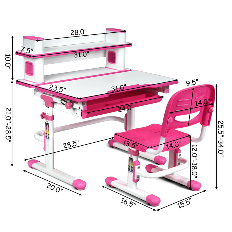 Costway Adjustable Height Kids Study Desk Drafting Table w/Bookshelf&Hutch  Pink