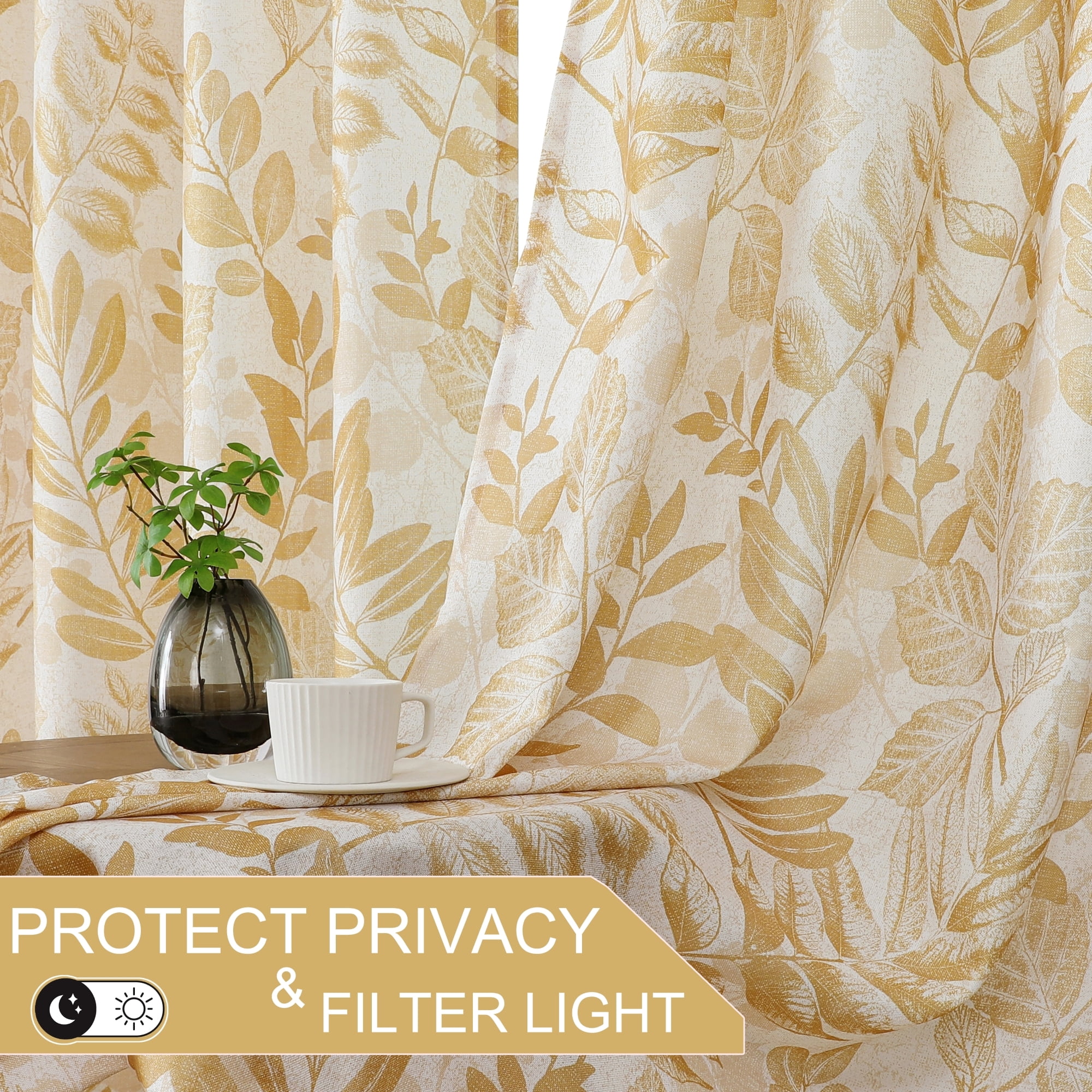 Bohogeo Linen Curtains for Living Room 84 inch Length Leaf Print Botanical Sheer Curtains Natural Texture Soft Touch Light Filtering Privacy Protect Drapes, Gold, 55" Wide, Set of 2 Panel