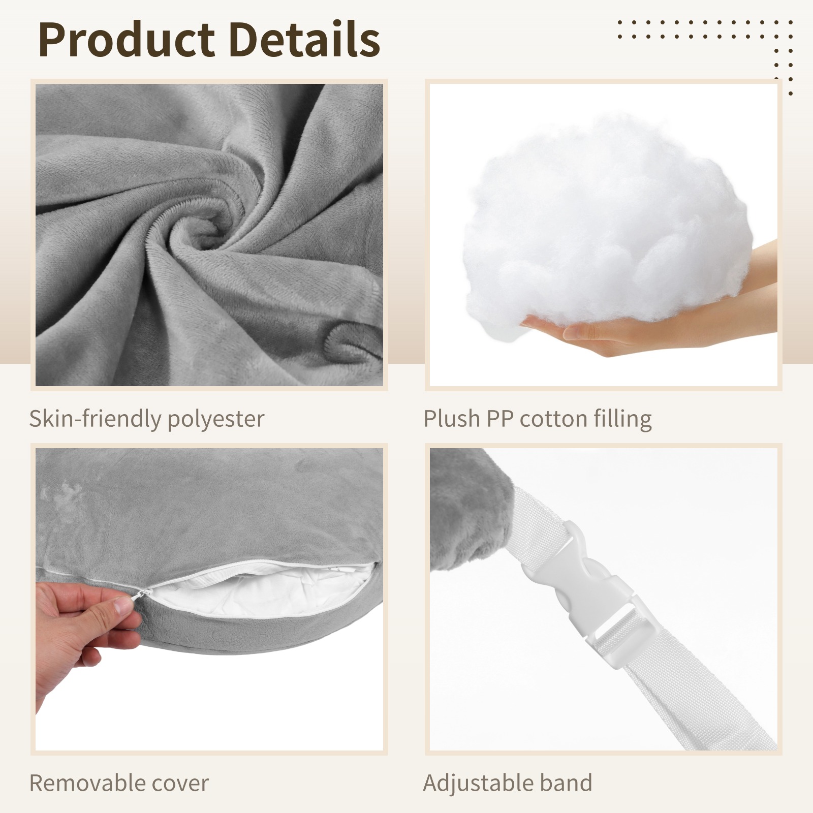 Gray U-Shaped Reading Pillow, 23.6" x 21.7" Lap Support Pillow with Adjustable Strap, Crescent Design, PP Cotton Filling, Reading, Gaming, Arm, Back Support