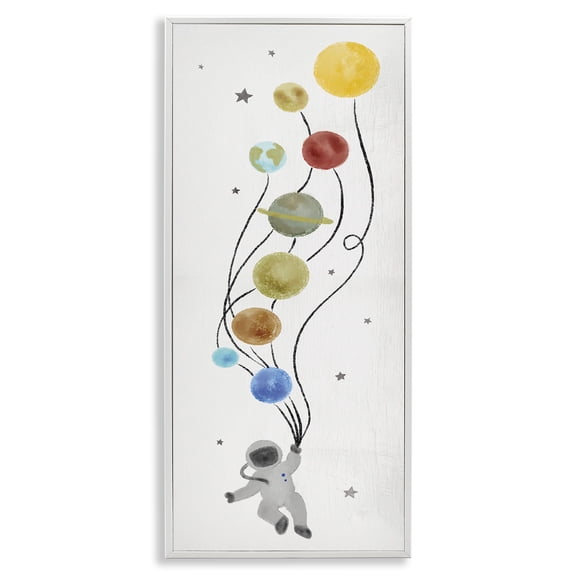 Stupell Industries Whimsical Astronaut Floating Balloon Abstract Painting White Framed Art Print Wall Art, 13 x 30