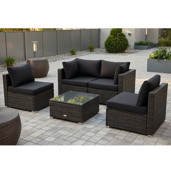 Topcobe 5 Pieces Cushioned Patio Rattan Furniture Set with Glass Table, Outdoor Patio Furniture for Garden Backyard-Black