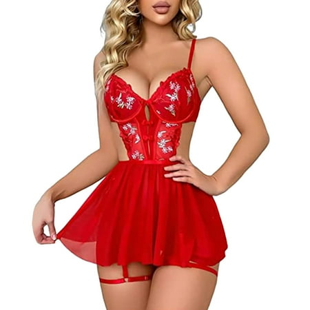 Sngxgn Women Lingerie Lace Chemise Ruffle Nightgown Sleepwear(Red XXL)