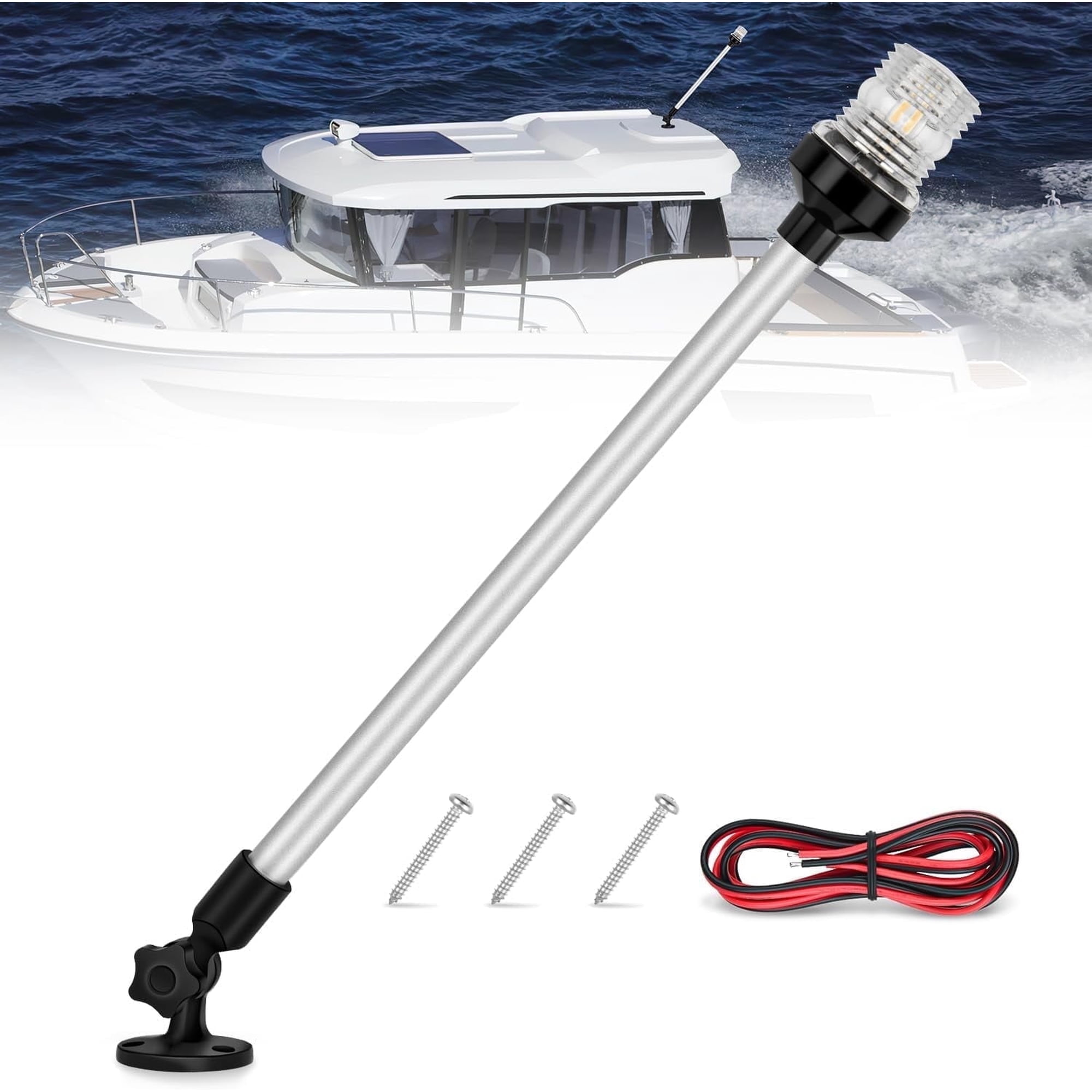 Nilight Marine Boat Stern Light 24 Inch White Fold Down Anchor Light 12V 24V Waterproof 360° Lighting Boat Navigation Light for Fishing Boat Sailboat Yacht Pontoon Speedboat Dinghy