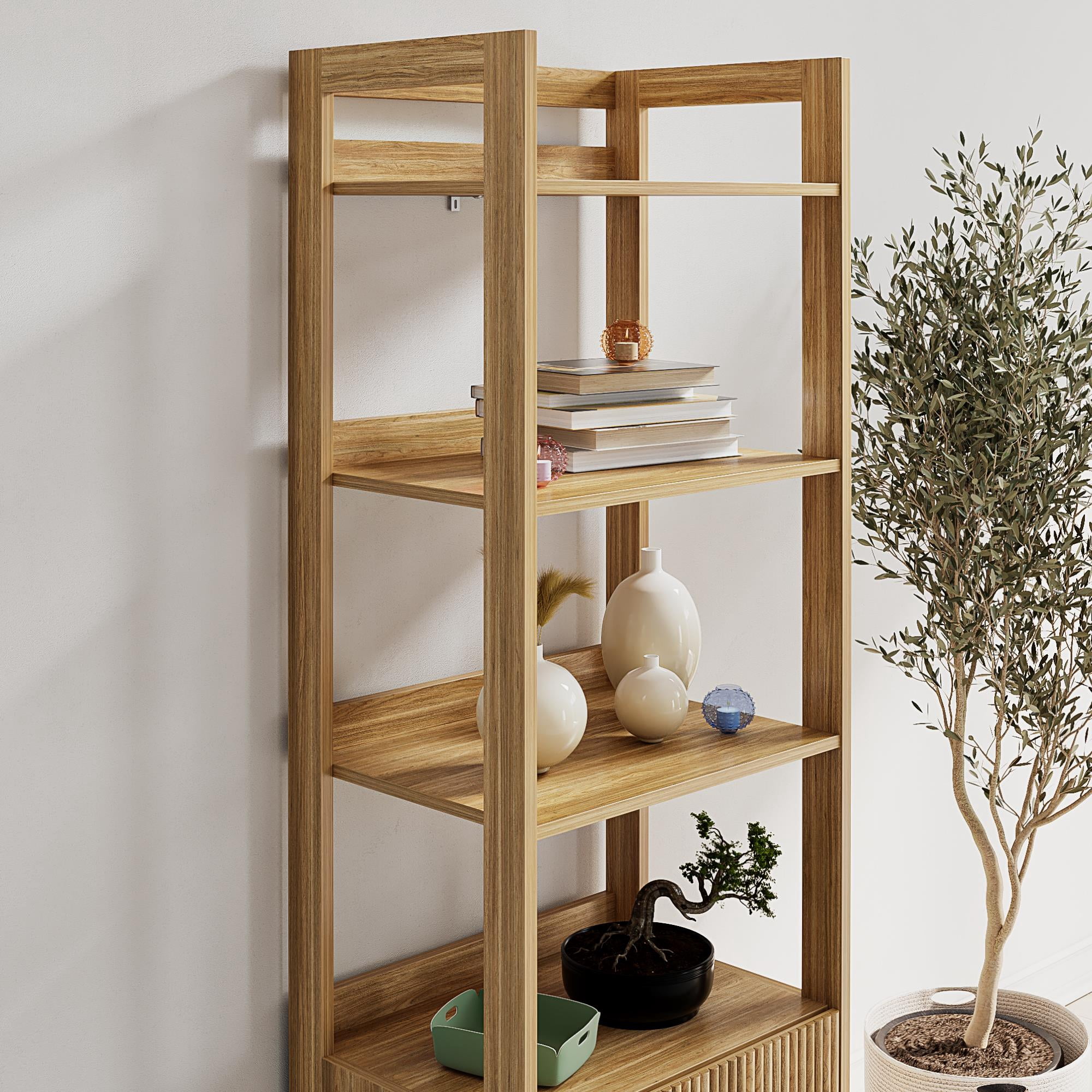 Mainstays 4-Shelf Reeded Bookcase with Drawer, Natural Teak
