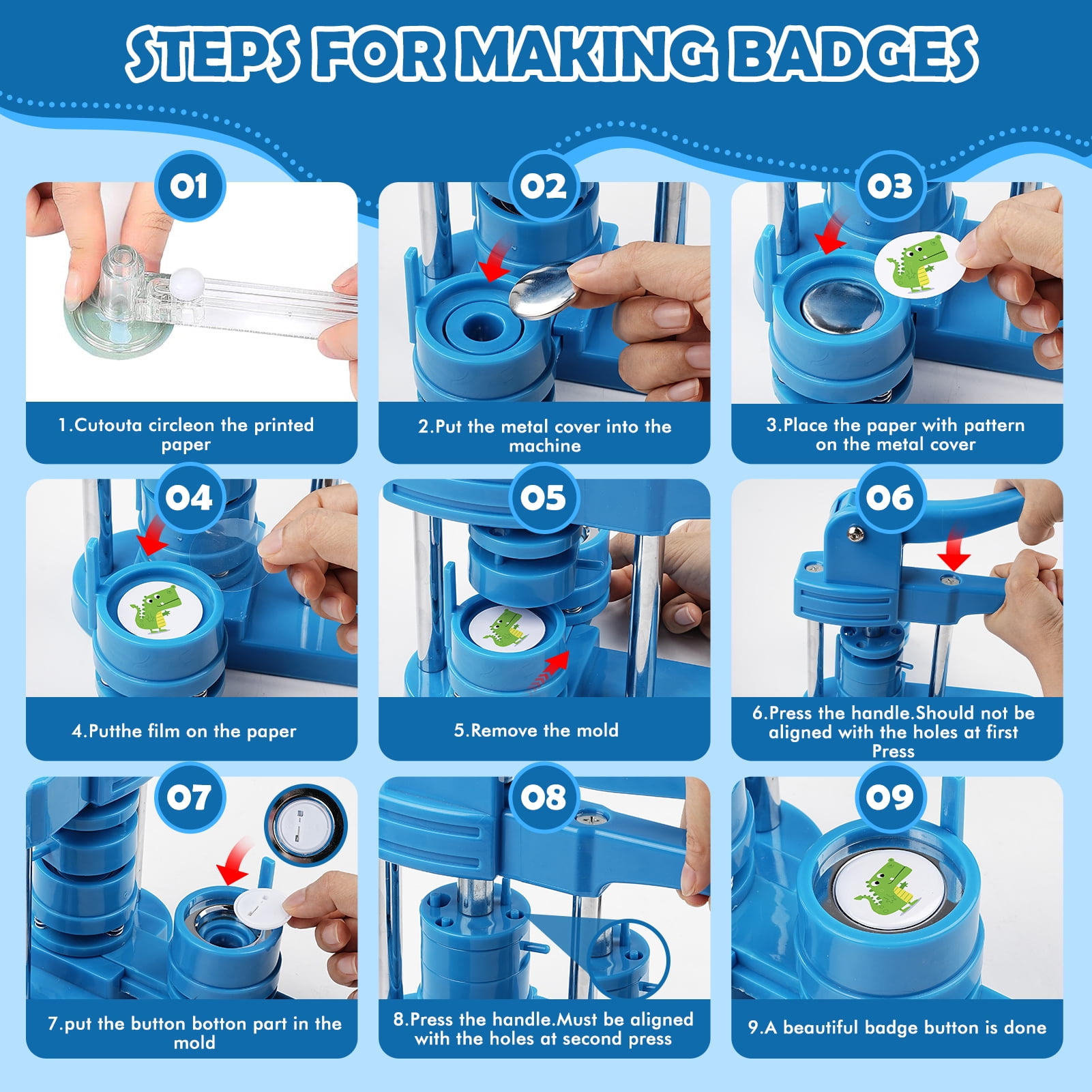 3 in 1 DIY Pin Button Maker Machine 25/32/58mm Badge Press Machine w/300pcs Parts+Cutting Mat，Blue