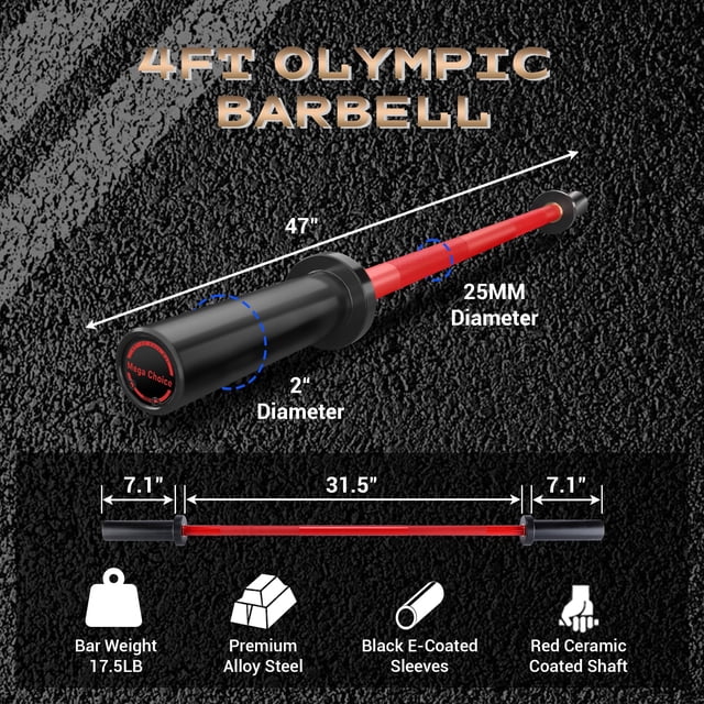 Royalbelle Black Red Barbell Bar, 2 Inch Weight Bars with 25 mm Knurled Grip