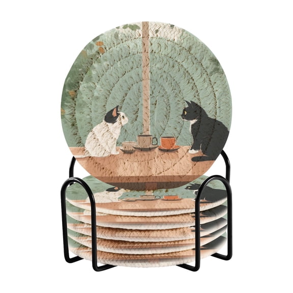 Two Cats Drinking Coffee Drink Coasters with Holder Absorbent Coaster for Coffee Table Room Decor 6 Pack