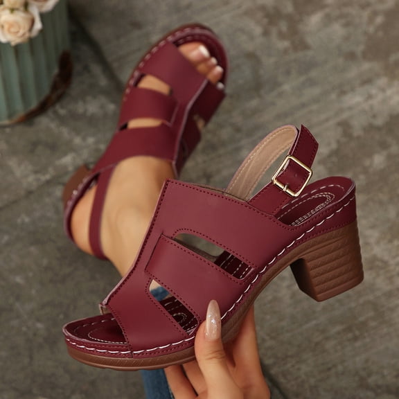 Viluyesy Womens Block Heels Sandals, Comfortable Peep Toe Adjustable Buckle Ladies Casual Holiday Dressy Shoes Wine US9.5