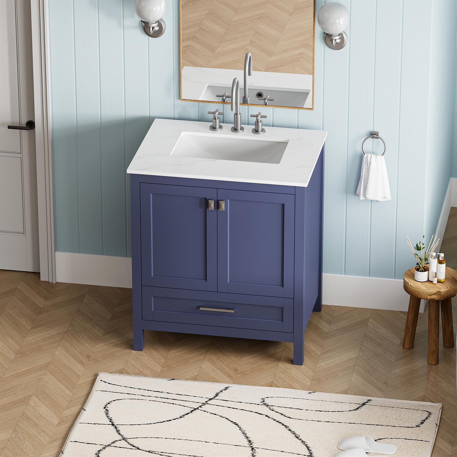 Demi Bonn 30" Freestanding Bathroom Vanity with Sink, Carrara Engineered Marble Vanity Top, Soft-Close Door, Under-mounted Rectangular Ceramic Sink, Blue