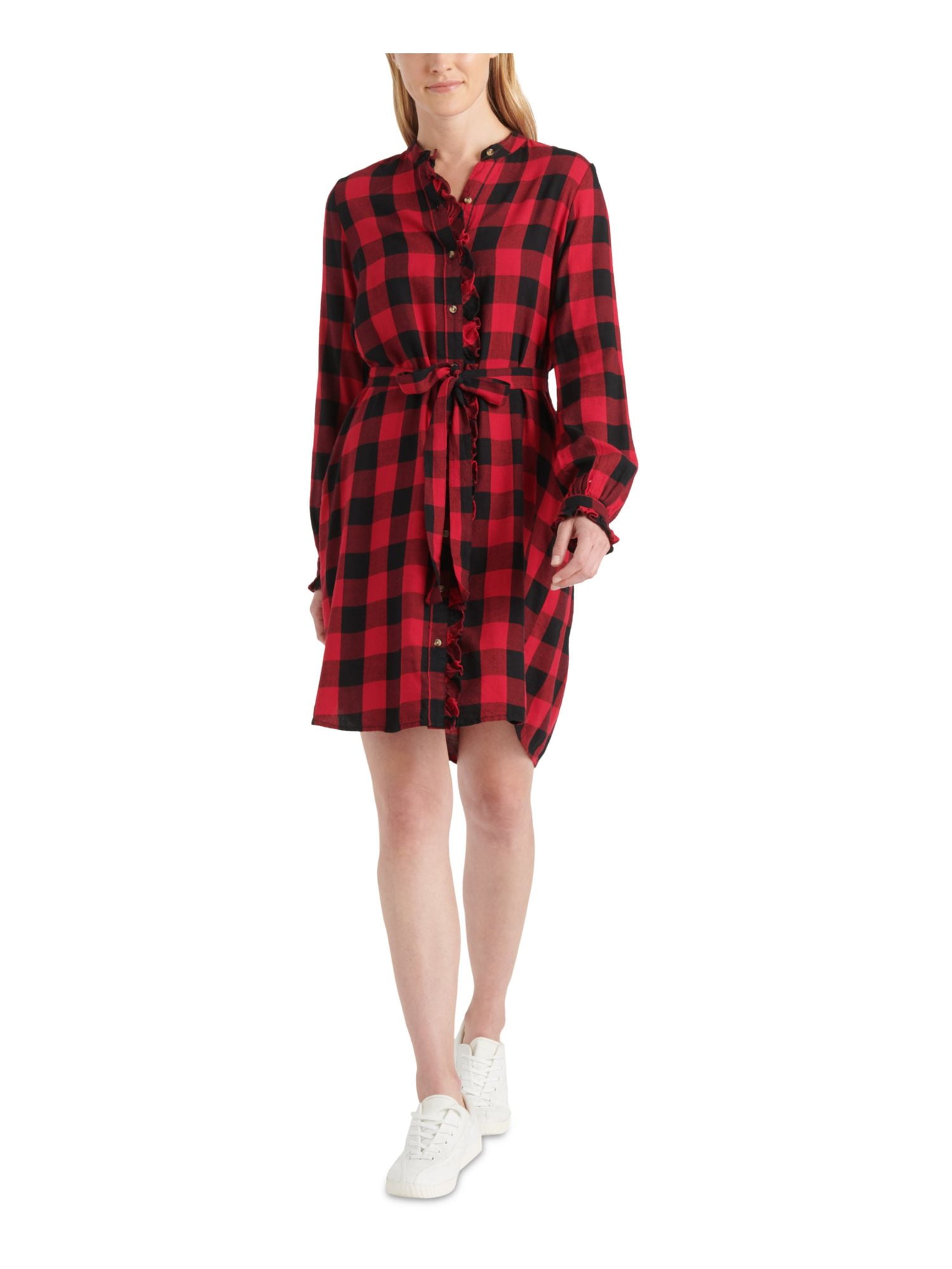 red plaid long sleeve dress