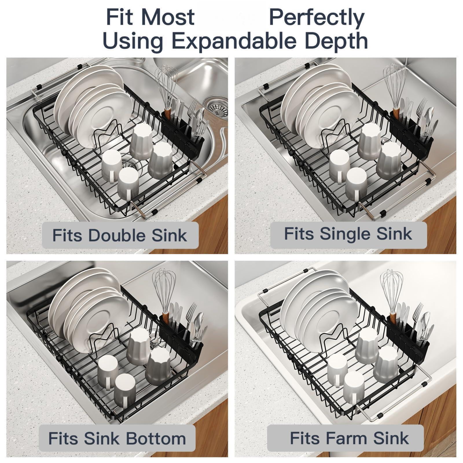 Expandable Stainless Steel Over The Sink Dish Drying Rack For Small Kitchen Counter Space Saving  Compact Rv Plate Drainer Strainer In Black Wire Metal With Hanging Adjustable Utensil Holder