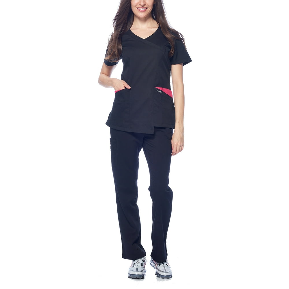 DAGACCI Dagacci Medical Uniform Women's Colorblock VNeck Natural Stretch Scrubs Set (Black,S