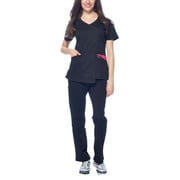 Dagacci Medical Uniform Women's Colorblock V-Neck Natural Stretch Scrubs Set (Black,XL)