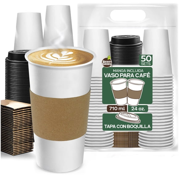 Kit de 50 Vasos para café de Cartón 24 oz (710 ml) con Tapa y Manga Protectora - Vasos para Bebidas Calientes - Juego de 50 Piezas Biodegradables