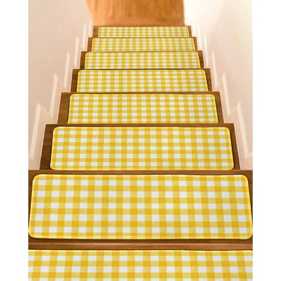 Yellow Stair Treads for Wooden Steps Indoor Runner Rug Carpet, Country French Rustic Buffalo Plaid Modern Art 4 Pieces Peel and Stick Staircase Step Treads Covers Washable Throw Door Mats, 30"x8"