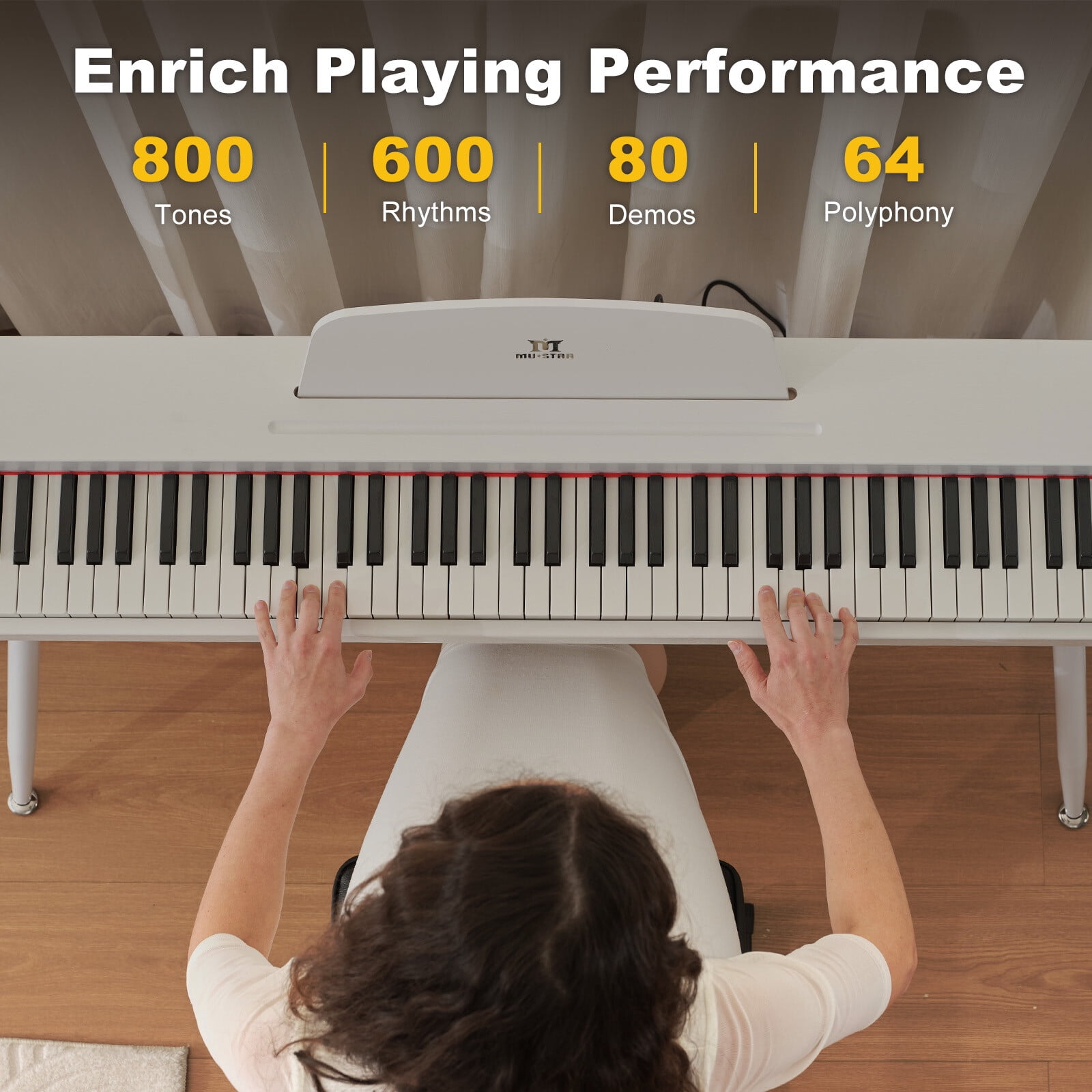 MUSTAR Full Size 88 Keys Semi Weighted Digital Piano Portable Electric Dual Keyboards USB/MIDI with Bench,Triple Pedal,4 Legged Stands(White)