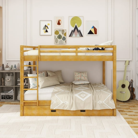 Wood Queen Size Bunk Bed with Ladder and Trundle, Wood Color