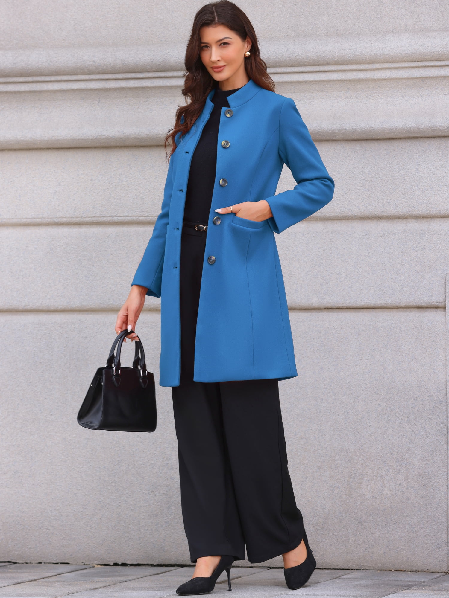 DARING DIVA Women's Stand Collar Mid-Length Overcoat with Pockets S Blue