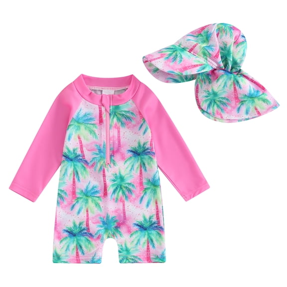 BemeyourBBs Toddler Baby Girls One Pieces Swimsuit with Hat Infant Girl Bathing Suit Long Sleeve Rush Gaurd UPF 50 Floral Tropical Tree Print Zip Up Swimwear Beach Swimwear