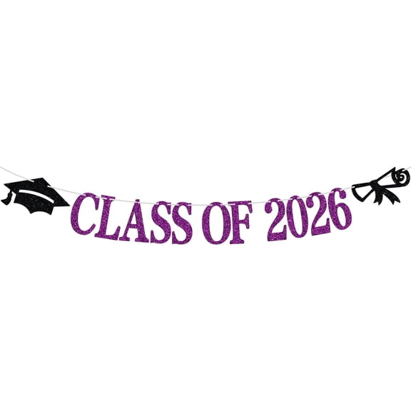 Class of 2026 Banner, Congrats Grad Bunting Sign for 2026 High School College Graduation Bachelor Master Party Decorations Supplies, Black and Purple Glitter