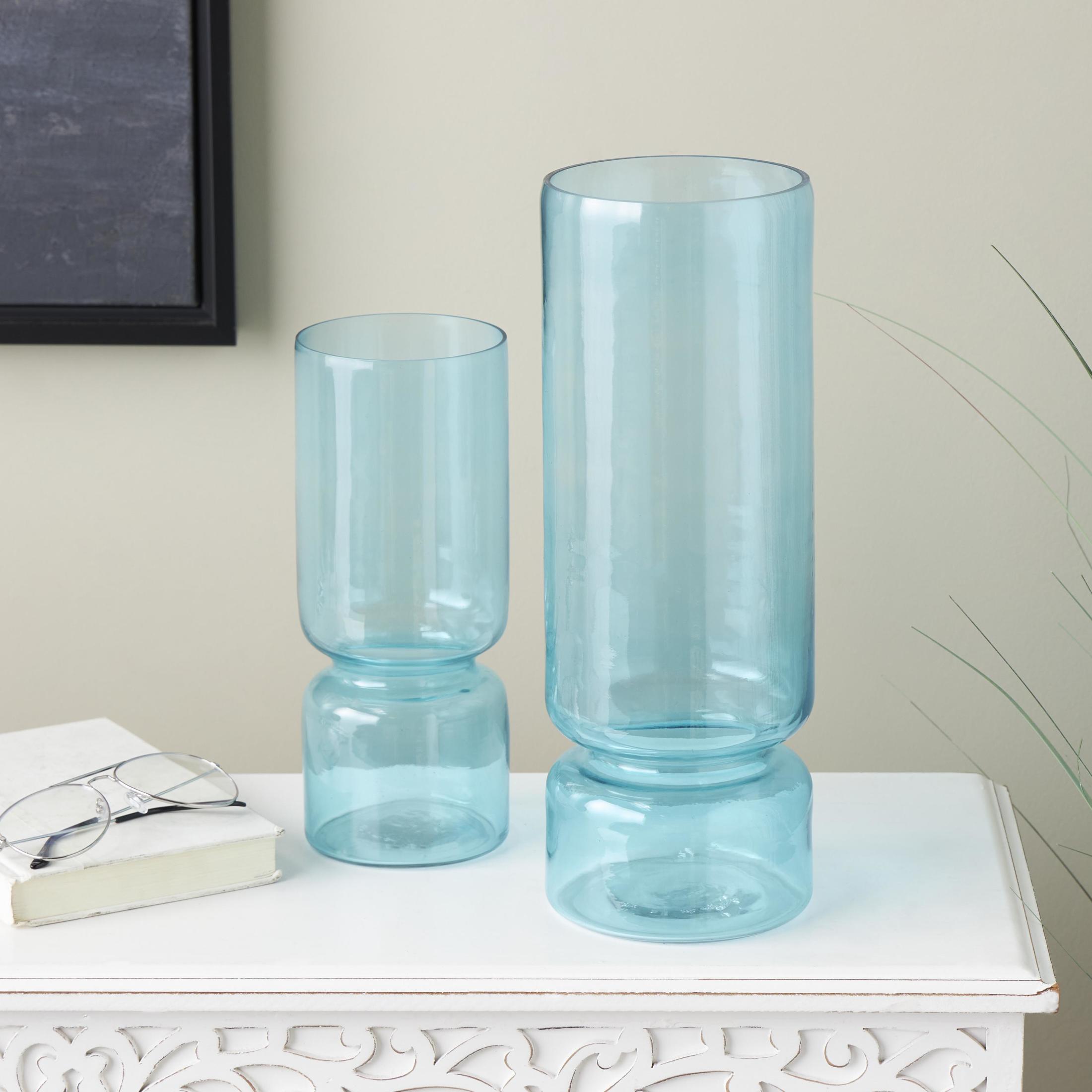 DecMode 14", 10"H Modern Round Blue Glass Vase, Set of 2